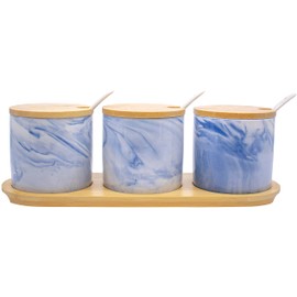 Set of 3 Marble Ceramic Condiment Spice Jars With Spoons and Bamboo Lids and Tray (Blue)