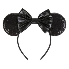 WOVOWOVO Mouse Ears Headbands for Women Black Bow Mouse ear Headband Sequin Hairbands Christmas Birthdays Party Hair Accessories