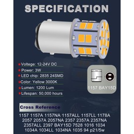 LEDYOTRY 1157 2357 LED Bulb Amber Turn Signal Lights 12V-24V Super Bright Low Power 2057 7528 BAY15D LED Bulb for Brake Tail Lights, Turn Stop Signal Light, Side Marker Parking Light, Pack of 2