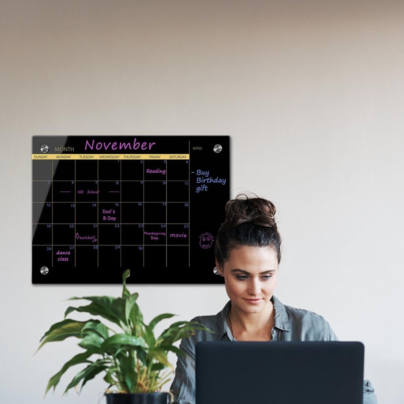 Glass Dry Erase Whiteboard,Monthly Calendar Whiteboard,18" x 24",Frameless Glass White