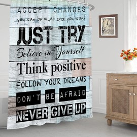 PZMPZM Inspirational Quote Shower Curtain Motivational Words Just Try Vintage Rustic Wooden Board Farmhouse Bathroom Polyester Fabric Curtains with Hooks 70Wx70H Inch
