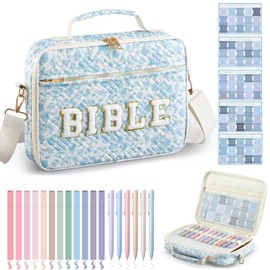 Sinload Large 12'' x 9'' x 2.5" Chenille Letter Bible Cover for Women with Tabs 6 Colored Pens 12 Highlighters Book Case Bible Bag with Shoulder Strap Handle Christian Church Gifts(Blue,Floral)