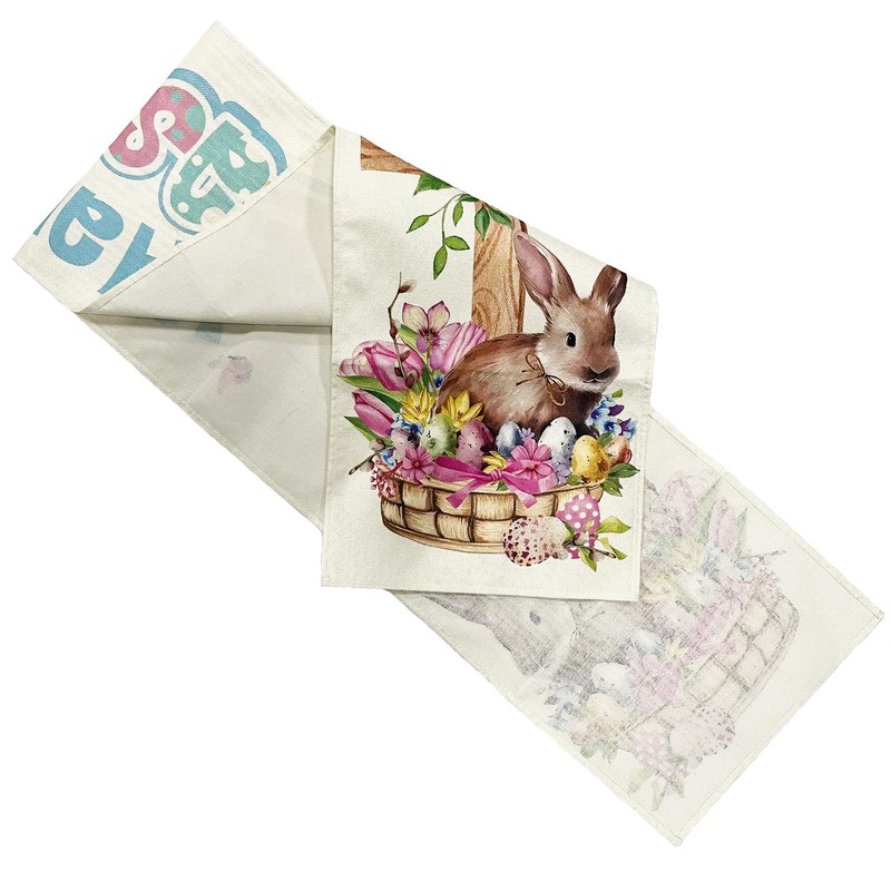 SEAHUI Happy Easter Rabbit Table Runner Rabbit Flower Cross Table