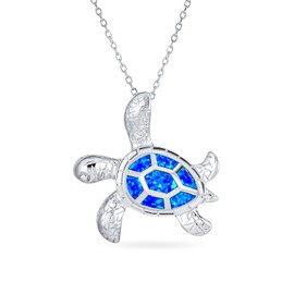 Bling Jewelry Synthetic Blue Opal Inlay Nautical Sea Turtle Pendant 925 Silver