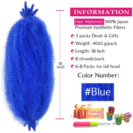 Afro Twist Hair 18 Inch 3 Packs, Springy Afro Twist Hair Pre Fluffed Spring Twist Hair Pre Separated Wrapping Hair for Soft Locs Hair Extensions (18 Inch (Pack of 3), Blue#)