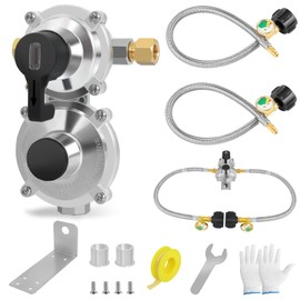 RV Propane Regulator 2 Tank Hoses, 2-Stage Auto Changeover LP Propane Gas Regulator with Two 18 inch Stainless Steel Braid Pigtail with Gauge, Dual Propane Tank Connection kit for RV Trailers Camper