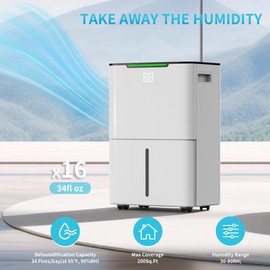 HXCOCKCROW Dehumidifier for Home Basement, 34 Pints Dehumidifiers with Drain Hose for 1500 Sq. Ft Bedroom Bathroom Small Room RV, 3 Working Modes, Smart Humidity Control, 24H Timer, Auto Defrost