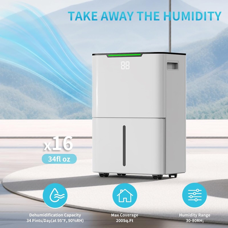 HXCOCKCROW Dehumidifier for Home Basement, 34 Pints Dehumidifiers with Drain