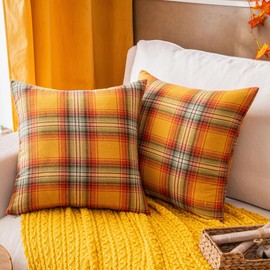 AQOTHES Fall Plaid Yellow Throw Pillow Covers 18x18 Inch, Set of 2 Autumn Decorative Throw Pillows for Couch Sofa Bed Living Room Home Decor, Accent Pillow Cases for Farmhouse Couch Cushion Covers