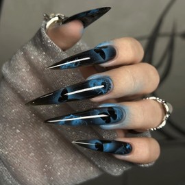 MISUD Press on Nails - Long Stiletto Fake Nails with Goth Black Blue, Acrylic Butterfly Design 24 pcs