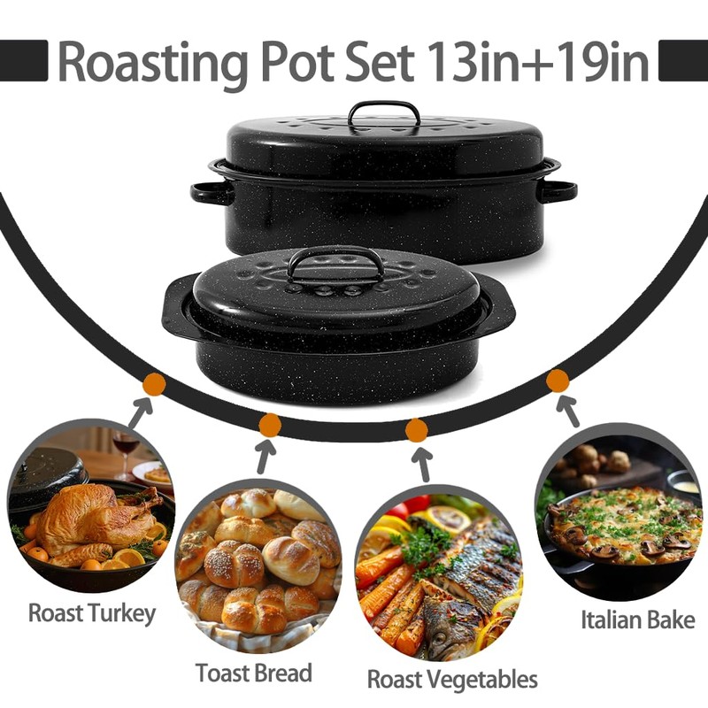 Enamel Roaster Pan With Lid and Rack Set 13"19"Granite Roasting