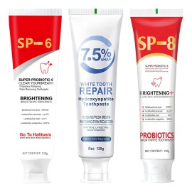Tres Piezas Dentífrico Blanqueador Sp-6, Sp-8, 7,5% Sin Flúo,Previene las caries, restaura y blanquea los dientes; los probióticos eliminan el mal aliento y refrescan el aliento.