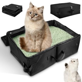 Foldable Cat Litter Box with Lid, Travel Litter Tray for Cats, Portable Cat Litter Box for Travel, Leak-Proof Lightweight, Easy to Clean, for Outdoor Travel with Pets, 40cm x 30cm x 15cm, Black