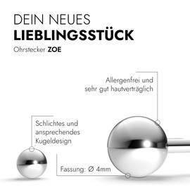 TIABELLE Zoe Stud Earrings Made of Titanium - Ball Earrings for Women - Allergy-Free & Skin-Friendly - Handmade in Germany (4 mm Diameter and 6 mm Diameter), Titanium