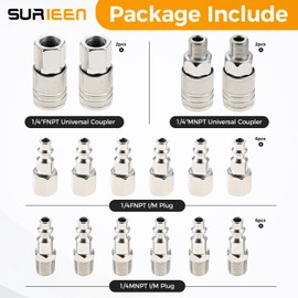 SURIEEN 1/4" NPT Air Hose Fittings, 1/4'' Universal Quick Connect Air Coupler and Plug Kit, 16 Pieces Air Compressor Hose Fittings, Universal Auto Shop Air Compressor Adapter