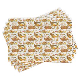Lunarable Thanksgiving Place Mats Set of 4, Autumn Seasonal Baskets with Pumpkin Fruits Nuts Herbs and Chicken, Washable Fabric Placemats for Dining Room Kitchen Table Decor, Orange Pale Brown Red