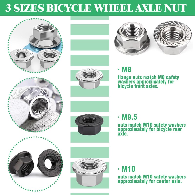 16Pcs 3 Size Bicycle Hub Flanged Axle Nut and Safety