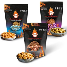 Hot Monkey Nuts Spicy Artisanal Peanuts | 3-Pack Spiciest Peanuts | Black Widow's Bite, Hot-Winged Reaper, and Curry Up! I'm on Fire - Spicy Nuts - 3 Hottest Flavors