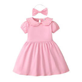 LYSMuch Toddler Girls Short Sleeve Dresses Peter Pan Collared Dress Solid Color Puff Playwear Outfit with Headband（Pink,4 Years）