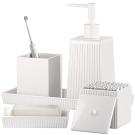 XLHOMO Bathroom Set - White Bathroom Accessories Set, 5PCS Ceramic Bathroom Accessory Set, Bathroom Sets with Soap Dispenser, Toothbrush Tumbler, Soap Dish, Q-tip Holder & Vanity Tray