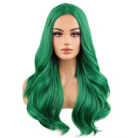 BERON Green Wigs Long Wavy Wig for Women Dark Green Girls Curly Heat Resistant Synthetic Hair Wigs for Daily Use with Wig Cap