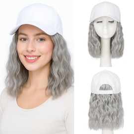 SEGO Hat Wig, Hat with Hair Attached for Women White Baseball Cap with Hair Extensions, Short Curly Baseball Cap Wig Adjustable Hats for Daily Party 8 Inch #88A/89A Grey