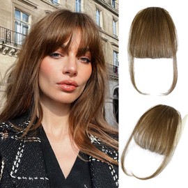 Bangs Hair Clip in Bangs Real Human Hair Extensions Fake Bangs Fringe with Temples Wispy Bangs Hair Extensions for Women Clip Curved Bangs for Daily Wear (Wispy Bangs,Light Brown)