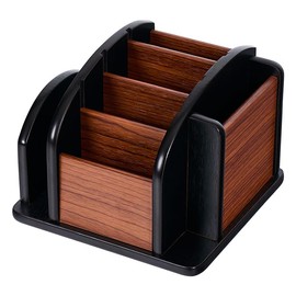 YIKATEND Wooden Desk Organizer with 6 Compartments, Remote Control Holder, Office Storage Caddy, Black and Brown Desk Organizer for Office Supplies