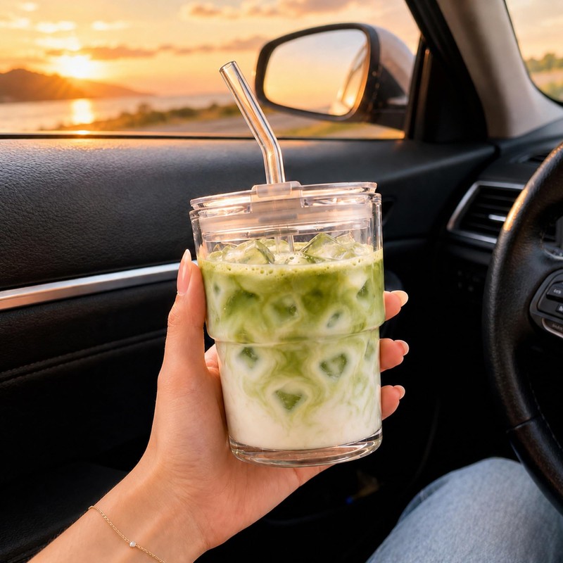 13oz Iced Coffee Cup, Glass Tumbler with Straw and Lid,