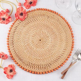 Fennco Styles Handmade Beaded Border Rattan Placemat 15" Round, 1- Piece - Orange Wood Beads Table Mat for Home Décor, Family Gathering, Banquets, Everyday Use and Special Occasion