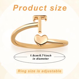 Mikovivi Heart Initial Stackable Rings, Adjustable Pinky Rings Cute Capital Letter Rings Heart Rings Non Tarnish Gold Rings Alphabet Gold Pinky Rings Jewelry Gift for Women