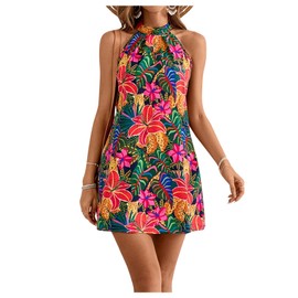 Floerns Women's Sleeveless Floral Print Sundress Halter Neck A Line Short Dress Pink Multi Small