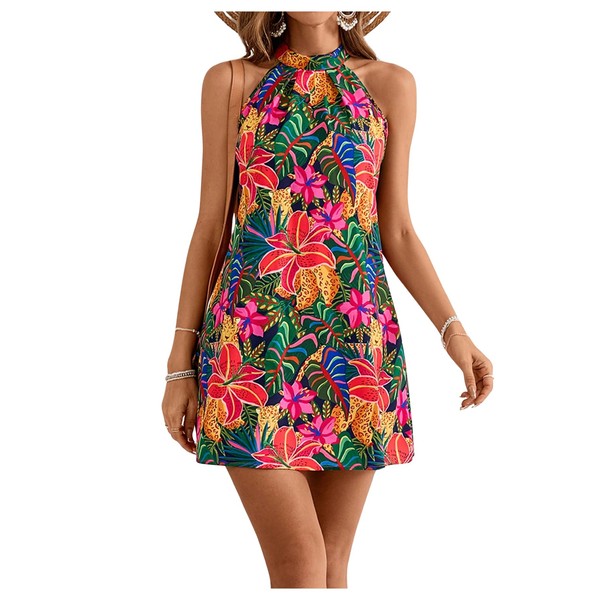 Floerns Women's Sleeveless Floral Print Sundress Halter Neck A Line