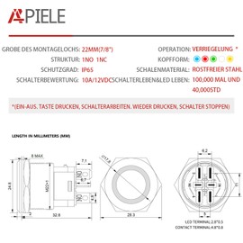 APIELE 22 mm locking pressure switch 12 V DC 10 A, aluminium housing with LED waterproof latch push button switch with pre-wired plug, car RV truck boat on/off button switch (red)