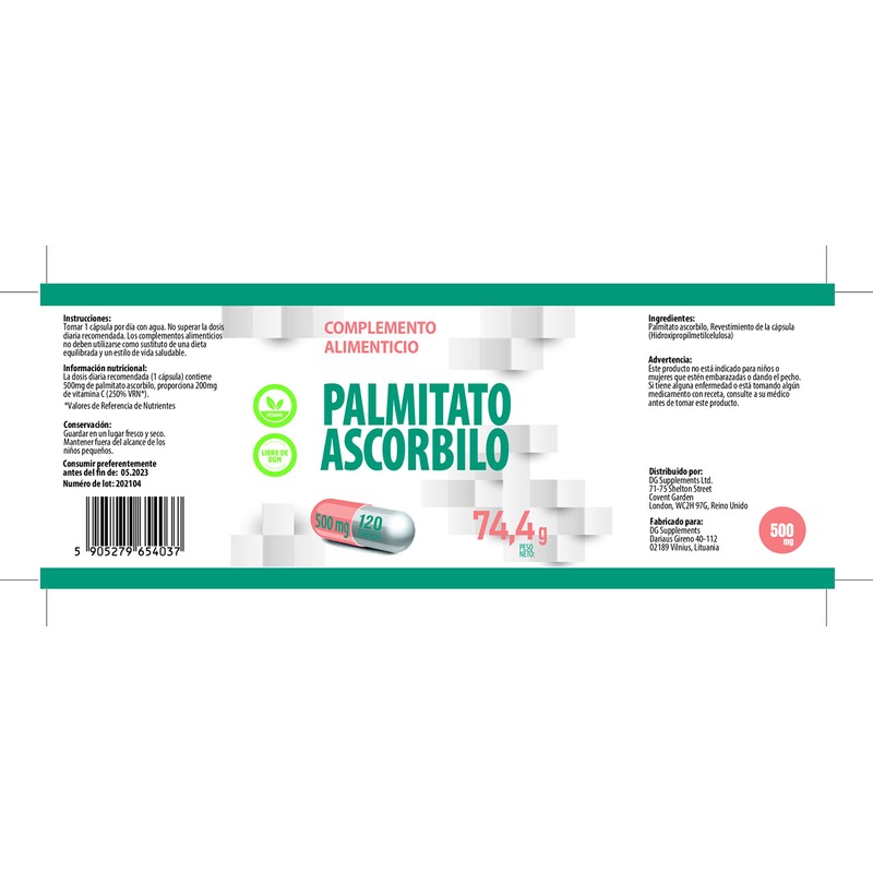 Ascorbyl Palmitate 500mg 120 Vegan Capsules, 3rd Party Lab Tested,
