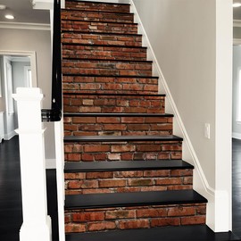 REDAMANCY Red Brown Cracked Brick Wall Rustic Vintage Peel and Stick Vinyl Stair Riser Decals Staircase Tile Stickers Decor Modern Marble Decoration Self-Adhesive(14 Pcs)