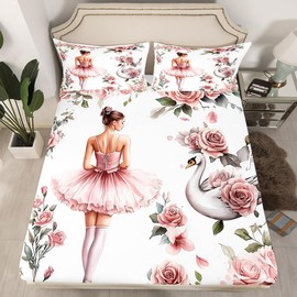 Ballet Girl Fitted Sheet,Princess Dancing Theme Vintage Pink Roses Flowers Soft Decorative Fabric Bedding White Swan Romantic Floral Pocket Single Size with 1 Pillowcase