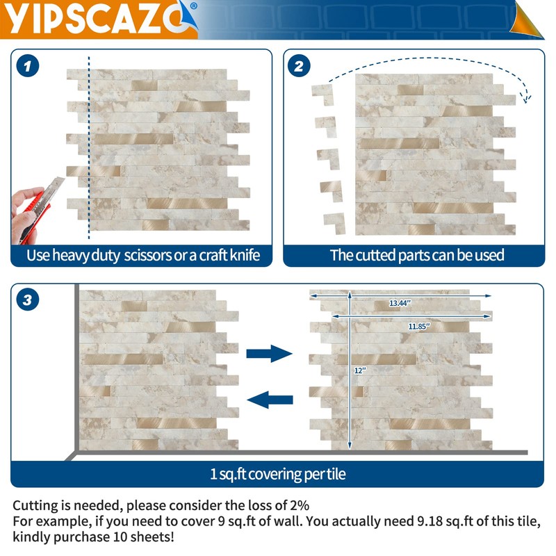 Yipscazo 1 Sheet Peel and Stick Stone Metal Tile Backsplash,