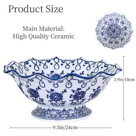 UANYEMON Blue and White Ceramic Fruit Bowl for Kitchen Counter,Decorative Pedestal Bowl for Table Countertop,Large Footed Serving Bowl,Large Fruits Basket