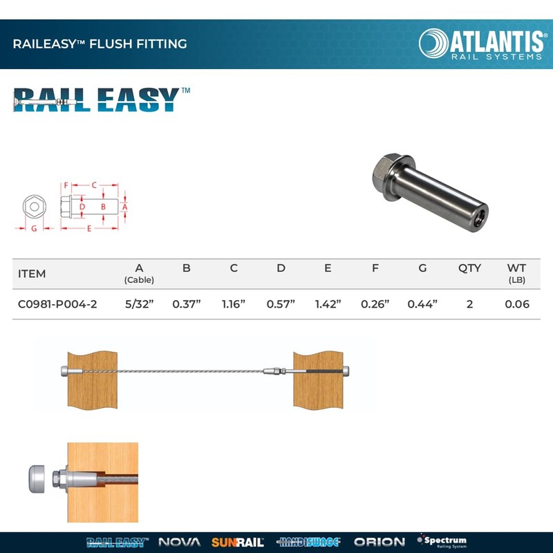 Atlantis RailEasy C0981-P004-2 Flush Fitting for 5/32" Cable (2-Pack)