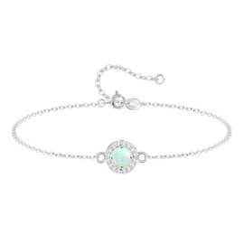 KristLand 925 Sterling Silver Gold Plated Bracelets with Opal Stone Simple Design Delicate Round Pendant Gift for Women Ladies Girl