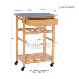 Linon Natalie Granite Top Rolling Kitchen Storage Cart in Natural Wood