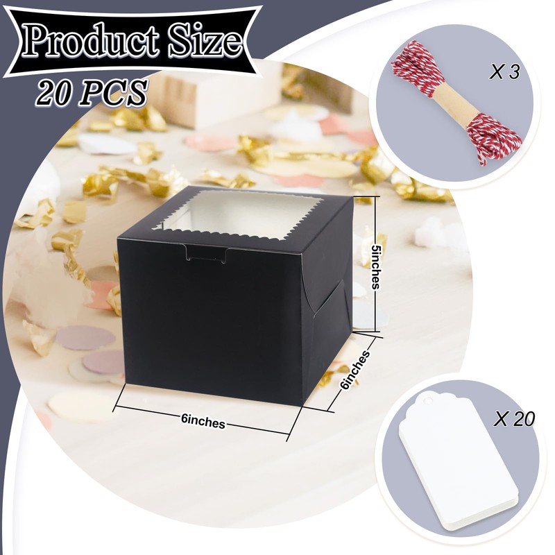 DOYIDE 20Pcs Mini Cake Boxes with Window, 6x6x5 Inches Black