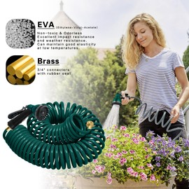 Coil Hose 50FT EVA Coil Garden Hose With 3/4'' Brass Connector Coiled Water Hose Lightweight And No Kink Includes 7 Patterns Spray Nozzle For Outdoors Lawn Watering Car Washing