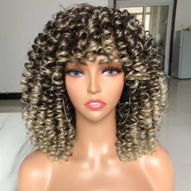 ColorfulPanda Afro Wig Synthetic Kinky Curly Hair for Women, Brown Mix Light Blonde Mixed Kinky Curly with Fringe African Short Wigs for Black Women (Brown Blonde)