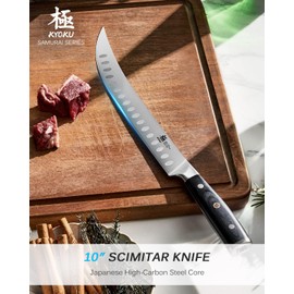 KYOKU 10" Scimitar Knife, Samurai Series Cimitar Breaking Knife with Pakkawood Handle, Japanese Style High Carbon Steel Butcher Knife, Full Tang Meat Slicing Knife for Roast Ham with Sheath and Case