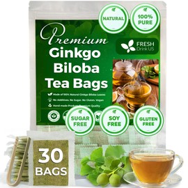 FreshDrinkUS, Premium 30 Ginkgo Biloba Leaf Tea Bags, 100% Natural & Pure from Ginkgo Biloba Leaves. Loose Leaf Herbal Tea. Made with Eco-Conscious Tea Bags. No Sugar, No Caffeine, No Gluten, Vegan.