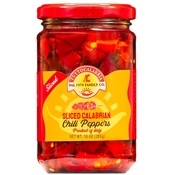 Sliced Calabrian Chili Peppers, Rounds, Cut, Chopped, 10 oz (290 g), All Natural, Non-GMO, Product of Italy, TuttoCalabria