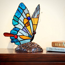 9"H Tiffany Stained Glass Flying Butterfly Accent Lamp