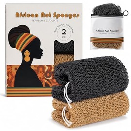 African Net Sponge 2 Pack - Exfoliating Body Scrubber & Back Washer, Long Stretchy Shower Net for Smooth Skin, Removes Dead Skin (Grey & Beige)